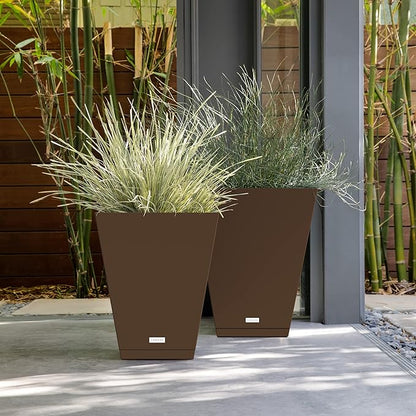 Veradek Nobleton Indoor/Outdoor Wide Square Planter (Espresso, 18" - 2 Pack with 2 Saucer Trays)