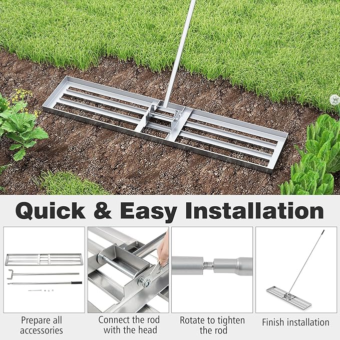 46" x 10" Lawn Leveling Rake, Heavy Duty Landscape Rake with 67" Handle, Non-Slip Grip & Flat Head, Space-Saving Lawn Level Tool for Garden, Backyard, Golf Course & Sports Field(Silver)