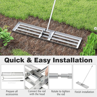 46" x 10" Lawn Leveling Rake, Heavy Duty Landscape Rake with 67" Handle, Non-Slip Grip & Flat Head, Space-Saving Lawn Level Tool for Garden, Backyard, Golf Course & Sports Field(Silver)