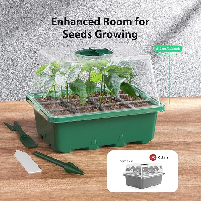Seed Starter Tray, 5PCS Seed Starter Kit, Seedling Starter Trays with Heightened Lids for Seed Staring, Indoor Gardening Plant Germination Trays (12 Cells per Tray) Green