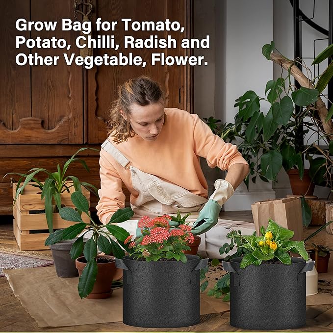 HealSmart Plant Grow Bags 3 Gallon, Tomoato Planter Pots 5-Pack with Handles, Aeration Nonwoven Fabric, Heavy Duty Gardening Planter for Vegetable, Herbs and Flowers, Black