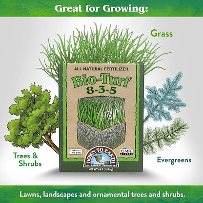 Down To Earth All Natural Fertilizers Organic Bio-Turf Lawn Food for Grass, Landscape and Ornamentals - Works with Lawn Spreaders 8-3-5, 4 lb