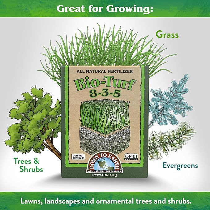 Down To Earth All Natural Fertilizers Organic Bio-Turf Lawn Food for Grass, Landscape and Ornamentals - Works with Lawn Spreaders 8-3-5, 25 Lb
