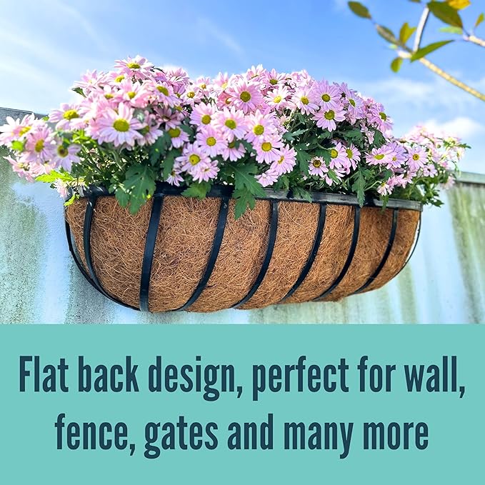 LaLaGreen Deck Railing Planter Boxes for Plants (24 Inch, 6 Pack) Metal Wall Planters for Outdoor Plants, Black Window Flower Boxes Deck Railings with Coco Liner Fence Balcony Patio Porch Over Rail