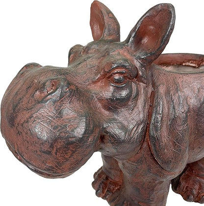 Zeckos Charming Brown Hippo MGO Planter with Drain Hole, 17 inches - Durable Weatherproof Magnesium Oxide for Garden or Patio Decor - Whimsical Animal Theme Planter, Perfect for Indoor/Outdoor Use