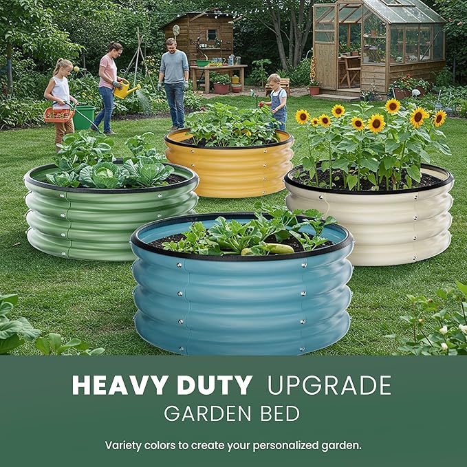 Round Galvanized Raised Garden Bed Kit, 2 Pcs 2 x 2 x 1ft Pearl White Galvanized Garden Boxes, Outdoor for Vegetables