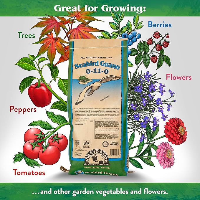 Down To Earth All Natural Fertilizers Organic Seabird Guano - High Phosphorus Plant Food for Buds, Blooms, Flowers 0-11-0, 20 lb