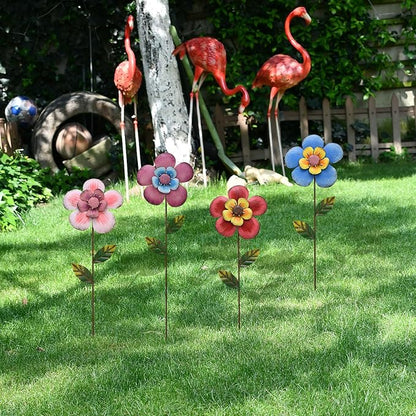 Veclotch 4Pcs Metal Flower Garden Stakes, 16"" H Rustic Flowers Yard Stake Decorative Spring Outdoor Garden Decor Planter Flower Pot Metal Flower Stick for Patio,Lawn,Yard,Pathway (Flower)