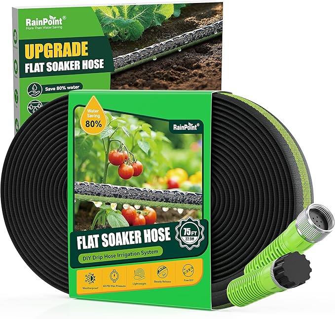 RAINPOINT Flat Soaker Hose 75FT, 80% Water-Saving Drip Hose for Garden, Leakproof and Flexible with Anodized Aluminum Ends, Double Layer Soaking Hoses for Garden, Green