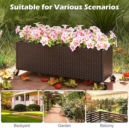 Giantex Set of 2 Wicker Raised Garden Bed with Wheels, 38”x12”x14”, Rectangular Garden Planter Box w/PE Rattan, Liner Fabric, Wicker Patio Elevated Raised Bed for Vegetable Flower Herb Porch Balcony