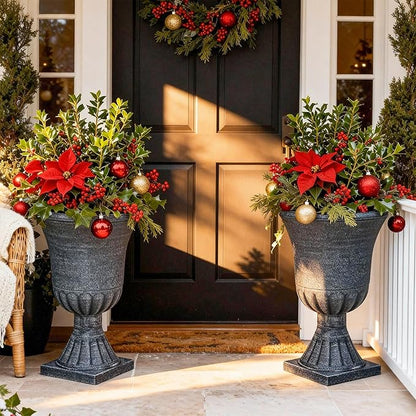 22" Large Urn Planters Set of 2, Washed Black Planters for Indoor Outdoor Plants, Versatile Outdoor Flower Pots w/Drainage Holes for Balcony, Patio, Garden, Porch & Living Room Decor