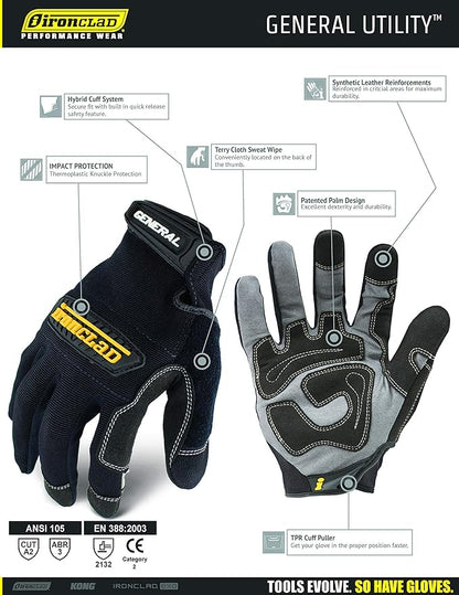 Ironclad General Utility Work Gloves GUG, All-Purpose, Performance Fit, Durable, Machine Washable (1 Pair) Black