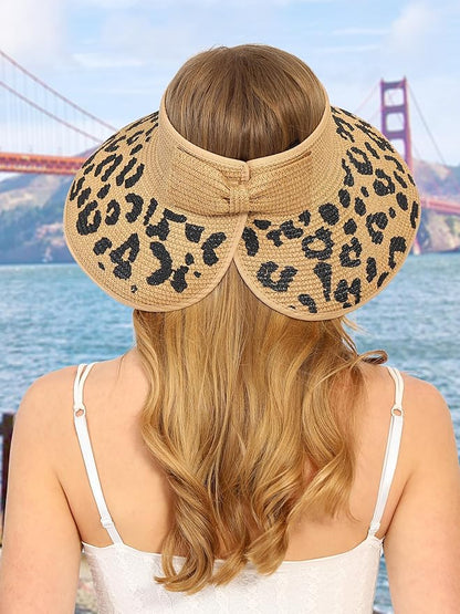 Womens Beach Straw Sun Hats Ponytail Hole Wide Brim Summer Visor Foldable Hat Sun Protection Packable for Travel Pool