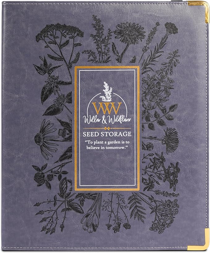 Willow and Wildflower Garden Seed Organizer Binder, Seed Storage Organizer, Garden Binder Book for Packet Storage Catalog Can Store 120 Packets with Dibber and Widger (Slate Blue)