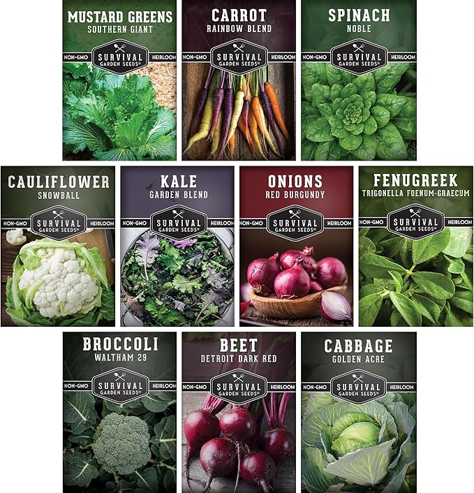 10 Spring Vegetable Seed Collection for Planting | Cool Season Root Vegetables & Leafy Greens, Suitable for Fall & Winter Gardens – Heirloom Non-GMO Variety Pack | Survival Garden Seeds