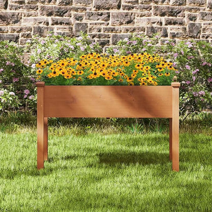 HAPPYGRILL Raised Garden Bed, Outdoor Wood Garden Box w/Legs, Drainage Holes, Black Garden Liner Fabric, Solid Wood Frame, Elevated Planter Box for Backyard Patio Balcony, 49” x 23” x 30” (L x W x H)