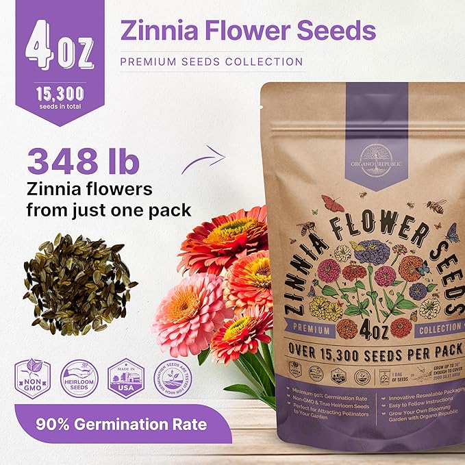 Zinnia Seeds Pack 4 oz - Over 15,300 Non-GMO Heirloom Zinnia Seeds for Planting, Annual Flowers in Individual Seed Packet for Planting Home Garden Indoor & Outdoor Gardening (Pack of 2)