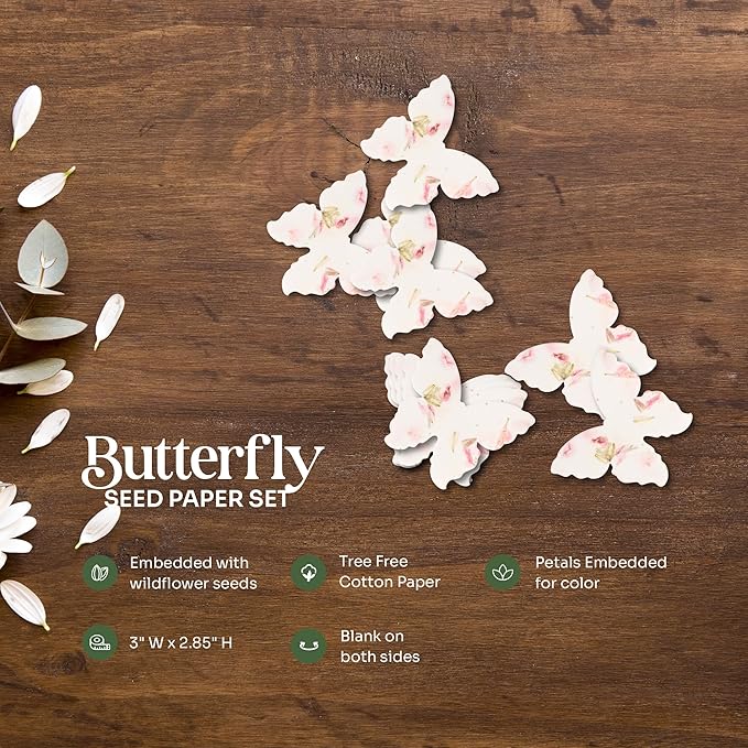 Set of 24 Pink Butterfly Seed Paper – Writable & Plantable Wildflower with Envelopes & Planting Guides, Gift for Moms or Plant Lovers for Mother’s Day, Party Favors for Weddings & Showers
