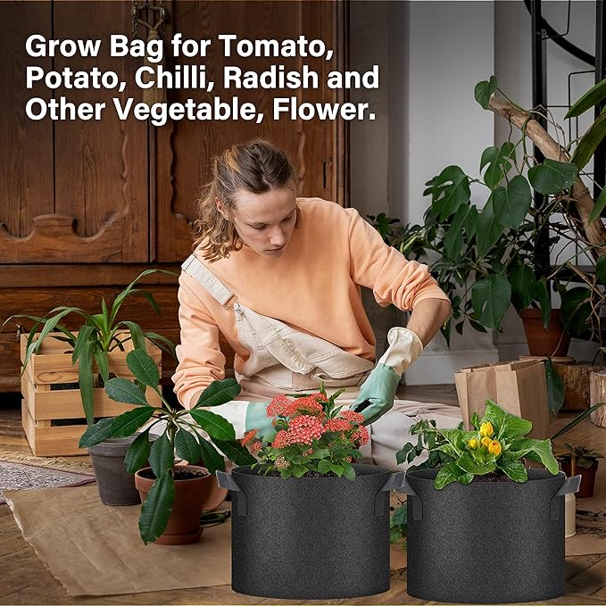 HealSmart 5 Gallon 5 Pack Plant Grow Bags, Tomoato Planter Pots with Handles, Aeration Nonwoven Fabric, Heavy Duty Gardening Planter for Vegetable, Herbs and Flowers, Black