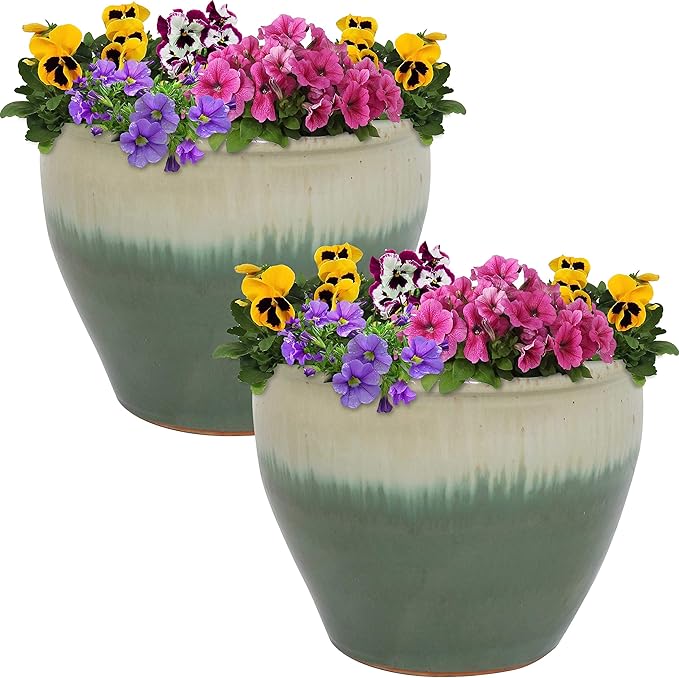 Sunnydaze Round Ceramic Planter - Set of 2 Indoor or Outdoor Plant Pots with Drainage Hole - Chalet - 12" - Seafoam Glaze