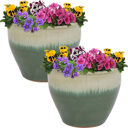 Sunnydaze Round Ceramic Planter - Set of 2 Indoor or Outdoor Plant Pots with Drainage Hole - Chalet - 12" - Seafoam Glaze