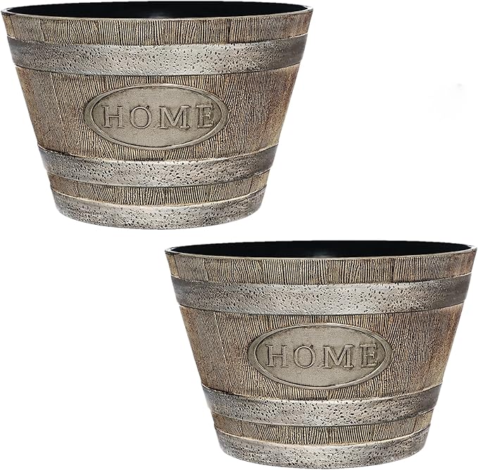 Classic Home and Garden Whiskey Plastic Resin Home Flower Pot Barrel Planter, Oak Brown, 15" (Pack of 2)