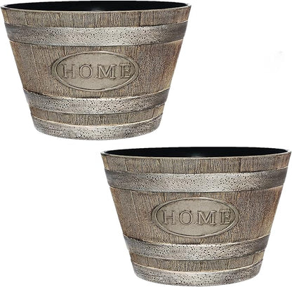 Classic Home and Garden Whiskey Plastic Resin Home Flower Pot Barrel Planter, Oak Brown, 15" (Pack of 2)