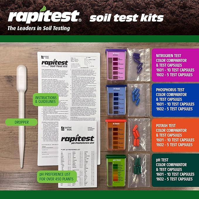 Rapitest Soil Test Kit for Gardens, Vegetables, Flowers and Lawns. USA designed and assembled soil tester completely, quickly and accurately measures/analyzes soil pH acidity and garden nutrients.