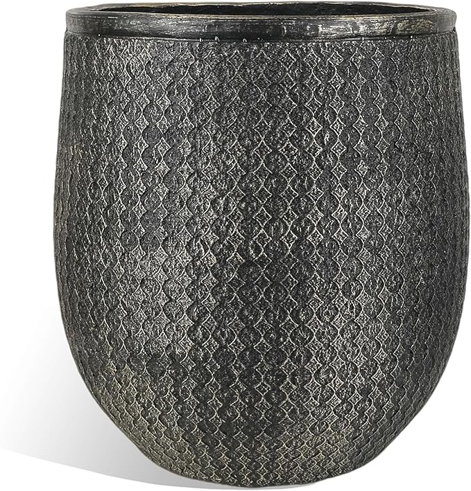 Worth 14.5" Round Planter, Lightweight Magnesium Oxide Cement Plant Pot, Raised Pattern Concrete Look with Drainage Hole for Indoor/Outdoor Use, Black