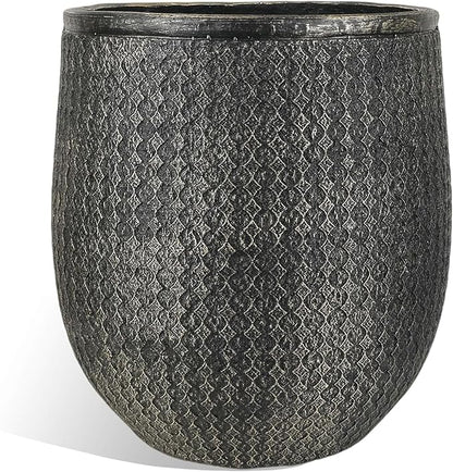 Worth 14.5" Round Planter, Lightweight Magnesium Oxide Cement Plant Pot, Raised Pattern Concrete Look with Drainage Hole for Indoor/Outdoor Use, Black