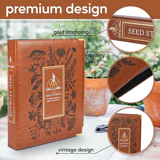 Willow and Wildflower Garden Seed Organizer Binder, Seed Storage Organizer, Garden Binder Book for Packet Storage Catalog Can Store 120 Packets with Dibber and Widger (Classic Brown)