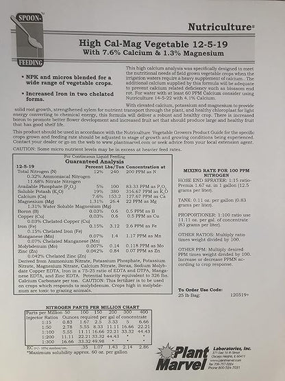 12-5-19+ High Cal Mag Vegetable Plant Marvel 5- Lb. Bag (25 Pound)