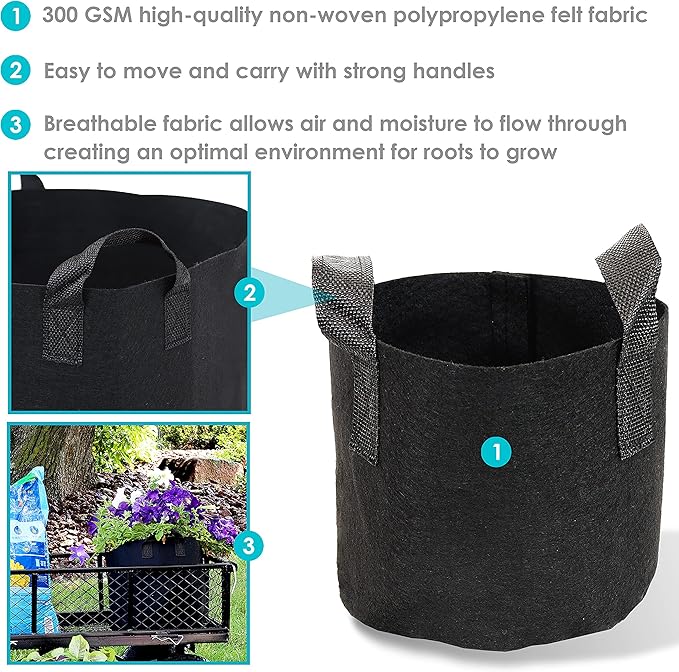Sunnydaze 1-Pack of 1-Gallon Garden Grow Bags for Vegetables - 300 GSM Nonwoven Polypropylene Felt Fabric Flower Pots and Planters with Handles - Single Gardening Container