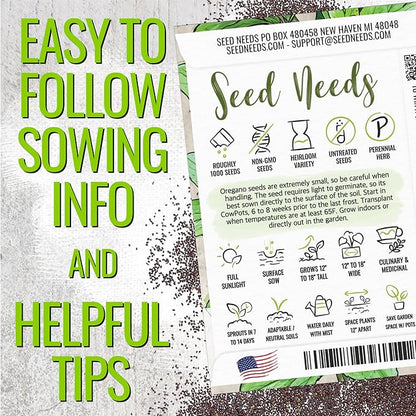 Seed Needs Sweet Basil & Italian Oregano Seeds for Planting Fresh Kitchen Herbs - Non-GMO Heirloom & Untreated Perennial & Annual Herb Seed to Plant a Culinary Garden Indoors or Outdoors (2 Packs)