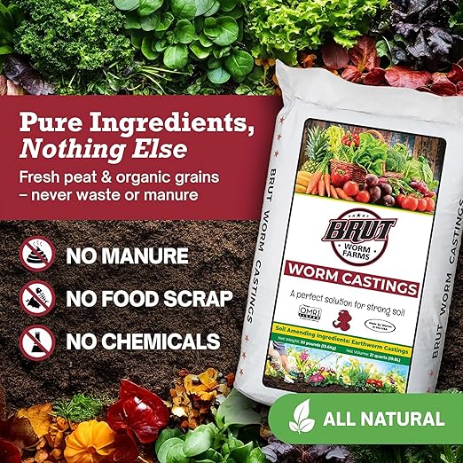 Brut Organic Worm Castings for Plants 30 LB – Natural Nutrients, Fertility Builder, Plant Food for Potting Soil and Garden Soil – Indoor and Outdoor Use - 4 Pack