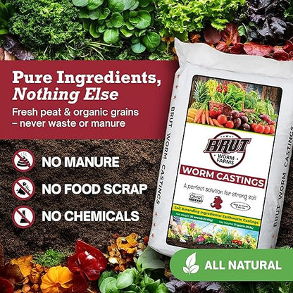 Brut Organic Worm Castings for Plants 30 LB – Natural Nutrients, Fertility Builder, Plant Food for Potting Soil and Garden Soil – Indoor and Outdoor Use - 4 Pack