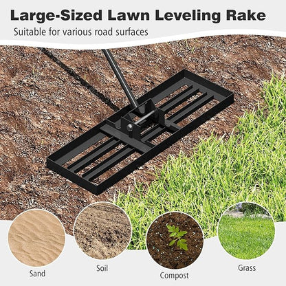30" x 10" Lawn Leveling Rake, Heavy Duty Landscape Rake with 67" Handle, Non-Slip Grip & Flat Head, Space-Saving Lawn Level Tool for Garden, Backyard, Golf Course & Sports Field(Black)
