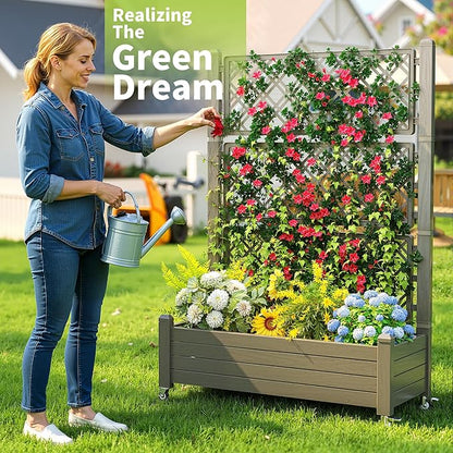Elevated Raised Garden Bed with Trellis,Outdoor Large Resin Patio Planter Box with Lockable Wheels Drain Plug,Water Monitor for Plants Vegetables Flowers Fruits (Grey, 43.43 * 18.27 * 64.29)