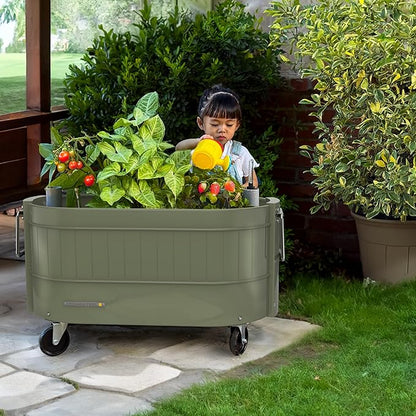 Permasteel Self-Watering Garden Bed, Rolling Planter for Vegetables, Flowers, Herbs, and Fruit, Outdoor Indoor, Caster Wheels, Army Green