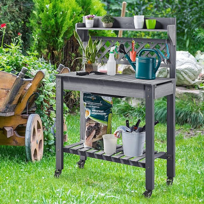 Yaheetech Potting Bench Table Outdoor Garden Potting Table Wooden Workstation w/Sliding Tabletop Removable Sink w/Storage Shelf Flower Pot Bench Mobile Garden Potting Bench Gray