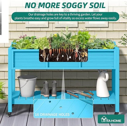 YITAHOME Raised Garden Bed HDPE, 47x18x31In Raised Flower Bed Poly-Wood Weather-Resistant Elevated Planter Box with Lockable Wheels & Storage Shelf for Vegetable Flower, Aruba Blue