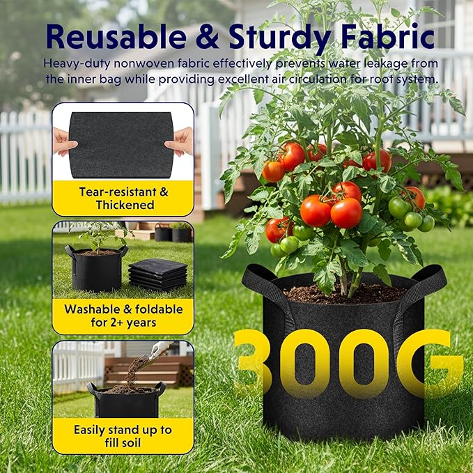 iPower 7 Gallon 5 Pack Grow Bags Nonwoven Fabric Pots Aeration Container with Strap Handles for Garden and Planting, 5-Pack Black, 7 Gallon