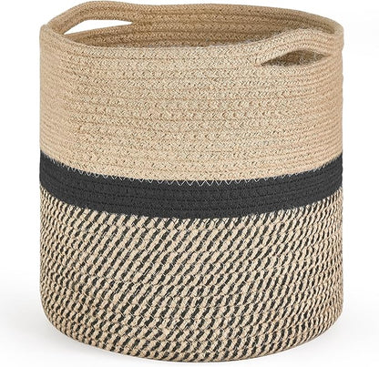 Dahey Jute Rope Plant Basket Modern Woven Storage Basket for 10.5" Indoor Planter, Decorative Flower Pots Cover Laundry Bin with Handle Rustic Home Decor, Black