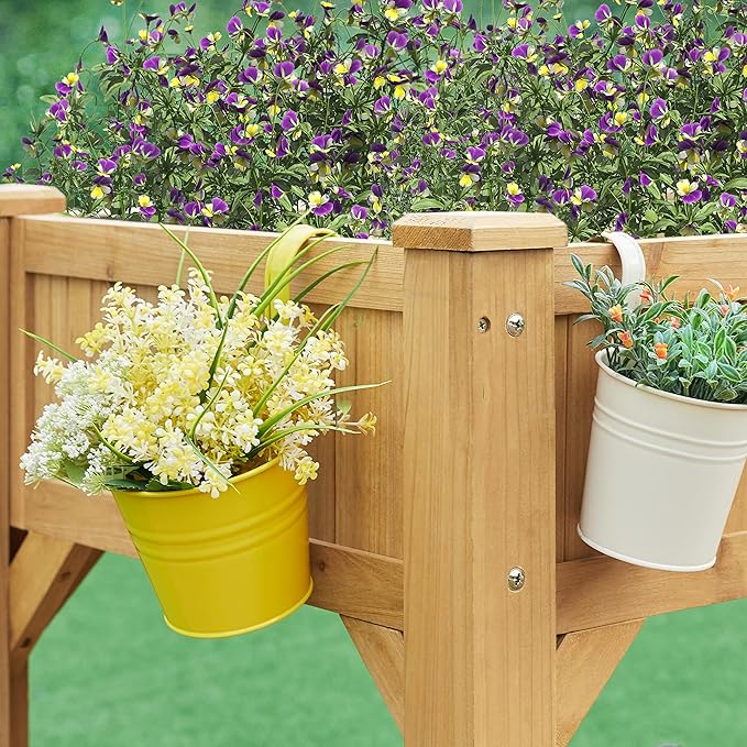 Topeakmart Wood Elevated Herb Garden Planters Vegetable Growing Bed Flower Plant Boxes for Small Spaces with Grow Grid, Fabric Liner, Protective Gloves & Legs