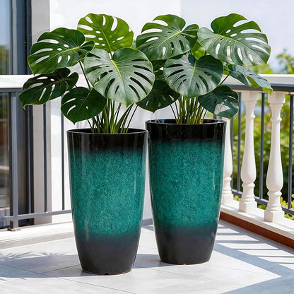 23.8" Tall Outdoor Planters Set of 2, Ceramic-Look Large Flower Pots for Indoor Outdoor Plants, All Seasons for Porch, Balcony, Garden, Patio or Home Art Decor, Gradient Turquoise Finish