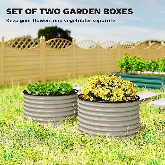 Outsunny Galvanized Raised Garden Bed Set of 2, Planters for Outdoor Plants with Safety Edging, Easy-to-Assemble Stock Tanks for Growing Flowers, Herbs and Vegetables, 3' x 3' x 2', Cream White