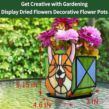 Corgi Planter - Cute Stained Glass Dog Flower Pots, Plant Pot with Drainage, Succulent Planters, Corgi Gifts, Christmas Decorations