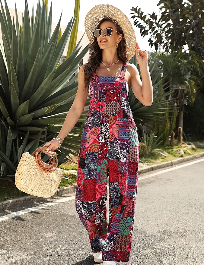 Fiona Jolin Overalls Women Summer Boho Floral Loose Wide Leg Jumpsuits with Pockets Patchwork Bib Overalls