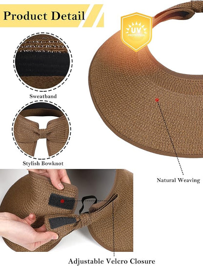 Womens Beach Straw Sun Hats Ponytail Hole Wide Brim Summer Visor Foldable Hat Sun Protection Packable for Travel Pool