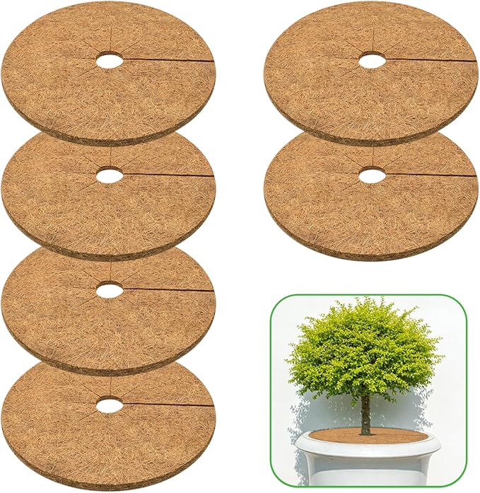 ZeeDix 6 Pack Coconut Fiber Mulch Ring, 18 Inch Coco Coir Tree Ring Mulch Mat, 100% Natural Tree Protector Mat Plant Cover Ring Coconut Coir Discs Tree Mats Mulch Rings for Indoor Outdoor Trees Plants